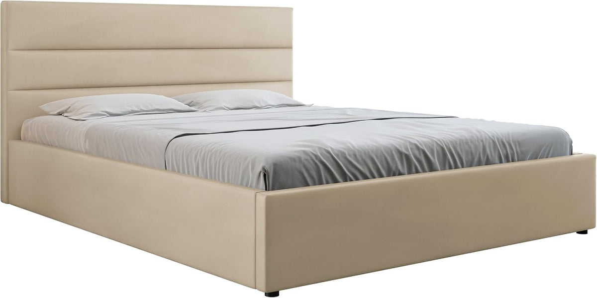 Mirjan24 Bett, 160 x 200 cm, Beige, Polsterbett Lutko mit Bettkasten und 2 Gasdruckfedern, Doppelbett mit Lattenrost