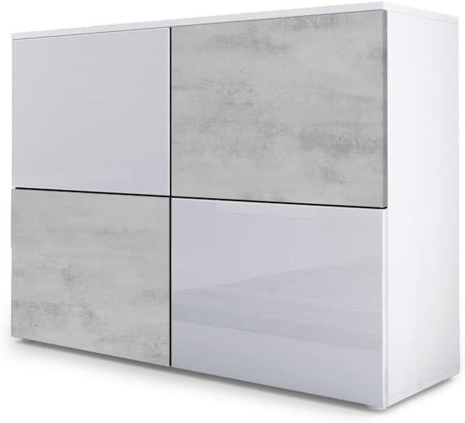 Vladon Sideboard, 92 x 72 x 35 cm, Weiss/Beton, Rova, Made in Germany, Kommode mit 4 Türen, Weiss matt/Weiss Hochglanz/Beton Oxid-Optik