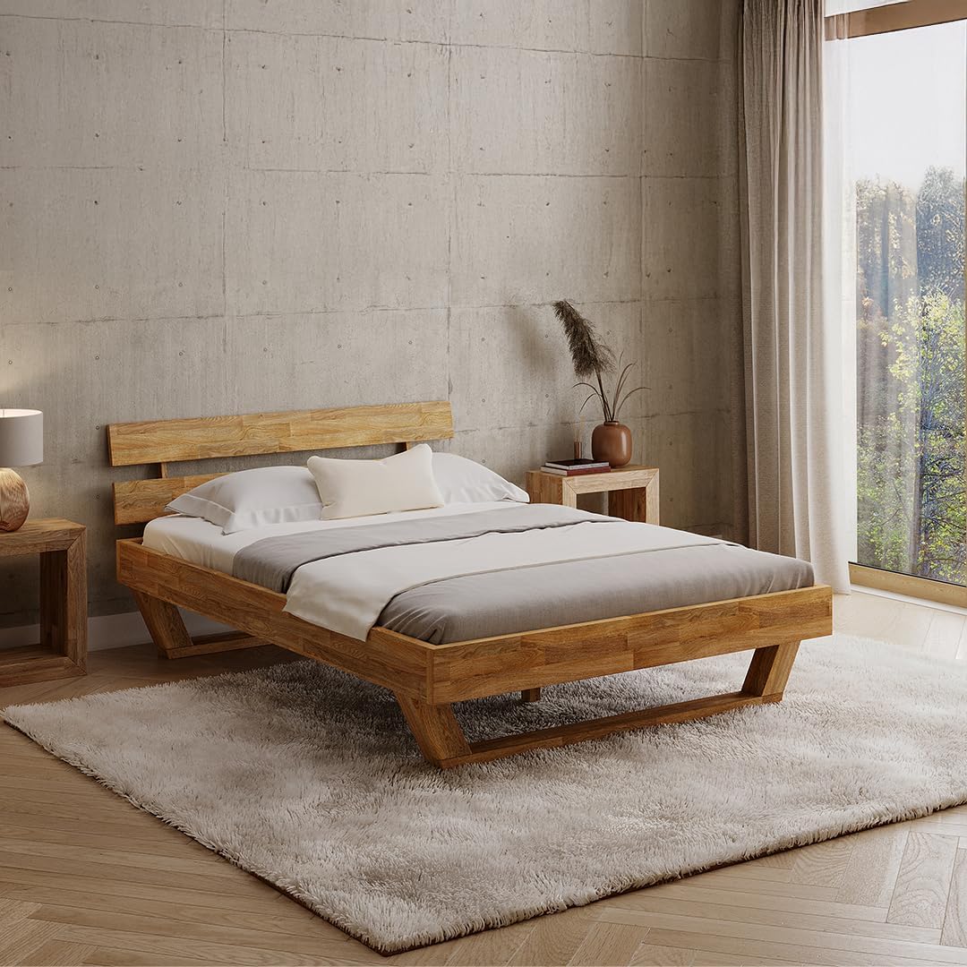 skølm Bettrahmen, 140x200 cm, Massive Eiche (geölt, lackiert), Eiche, Nornir Massivholzbett, aus Massivholz geölt