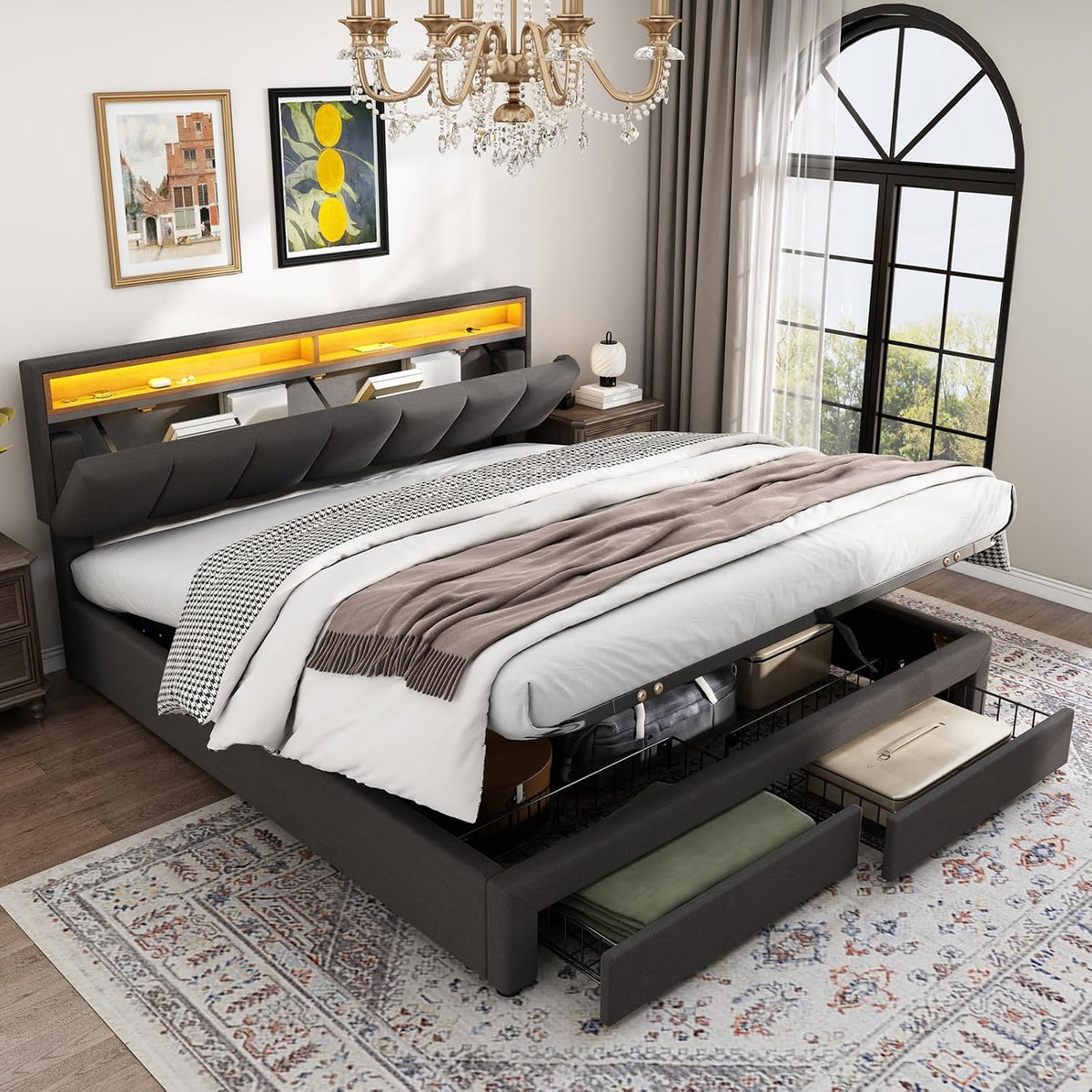 BRYXR Bettrahmen, Dunkelgrau, Bett 160x200, Polsterbett Doppelbett mit LED-Beleuchtung, 2 Schubladen, Stauraum-Kopfteil