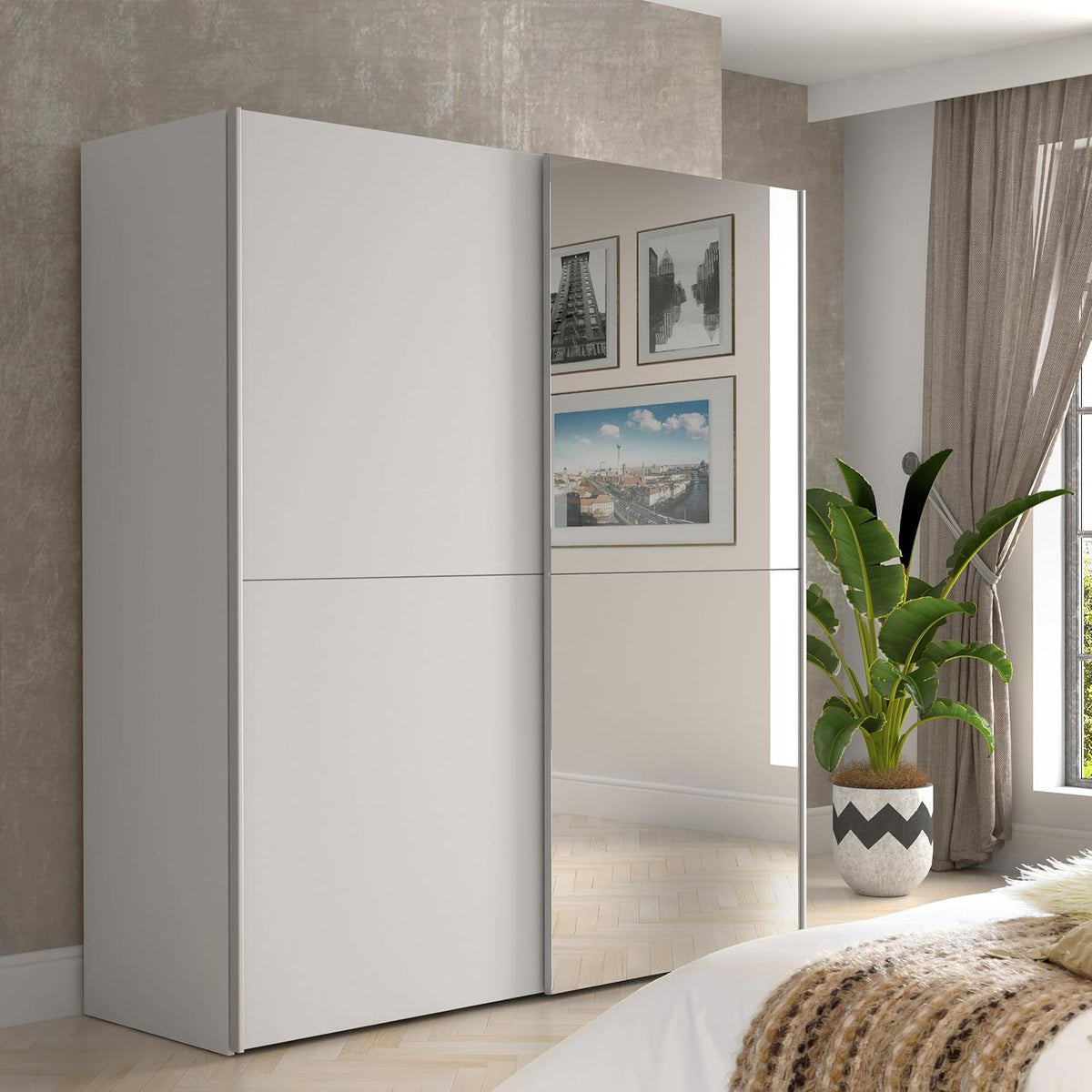 Forte Kleiderschrank, 170,3 cm, 190,5 cm, 61,2 cm, Weiss, KAIKAIS 170, moderner Schwebetürenschrank, 2-türig, Spiegel