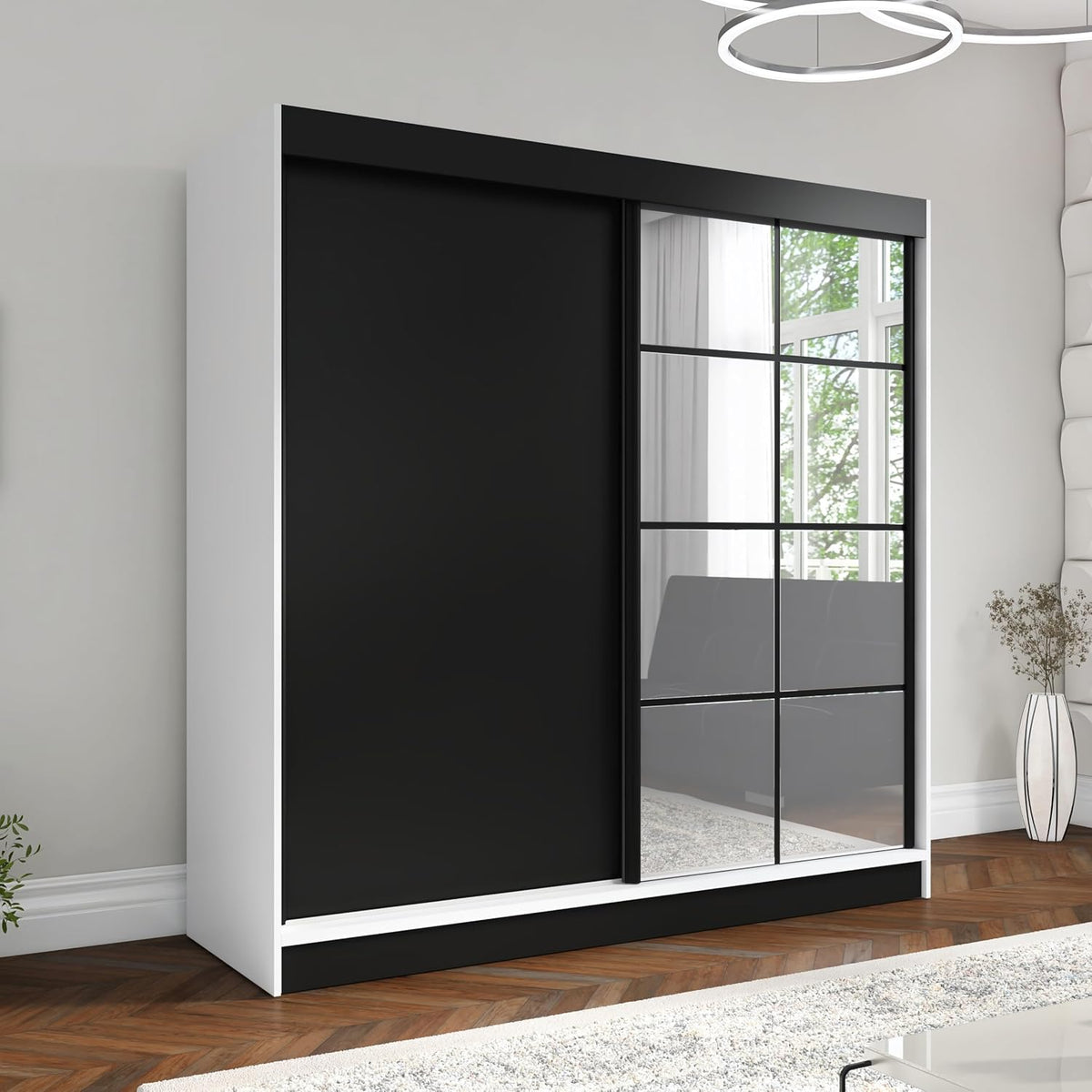 A&J MöbelLand Kleiderschrank, 200 cm, Weiss/Schwarz, Schwebetürenschrank TAVIRO 2-türig mit Schubladen und, Garderobe