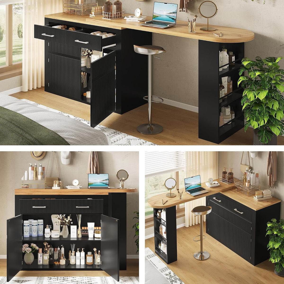 KUAKE Schreibtisch, Schwarz/Holz, Moderner Ausziehbarer Bartisch mit Stauraum, Teleskopischer mit Einer Schublade und Zwei Regalen