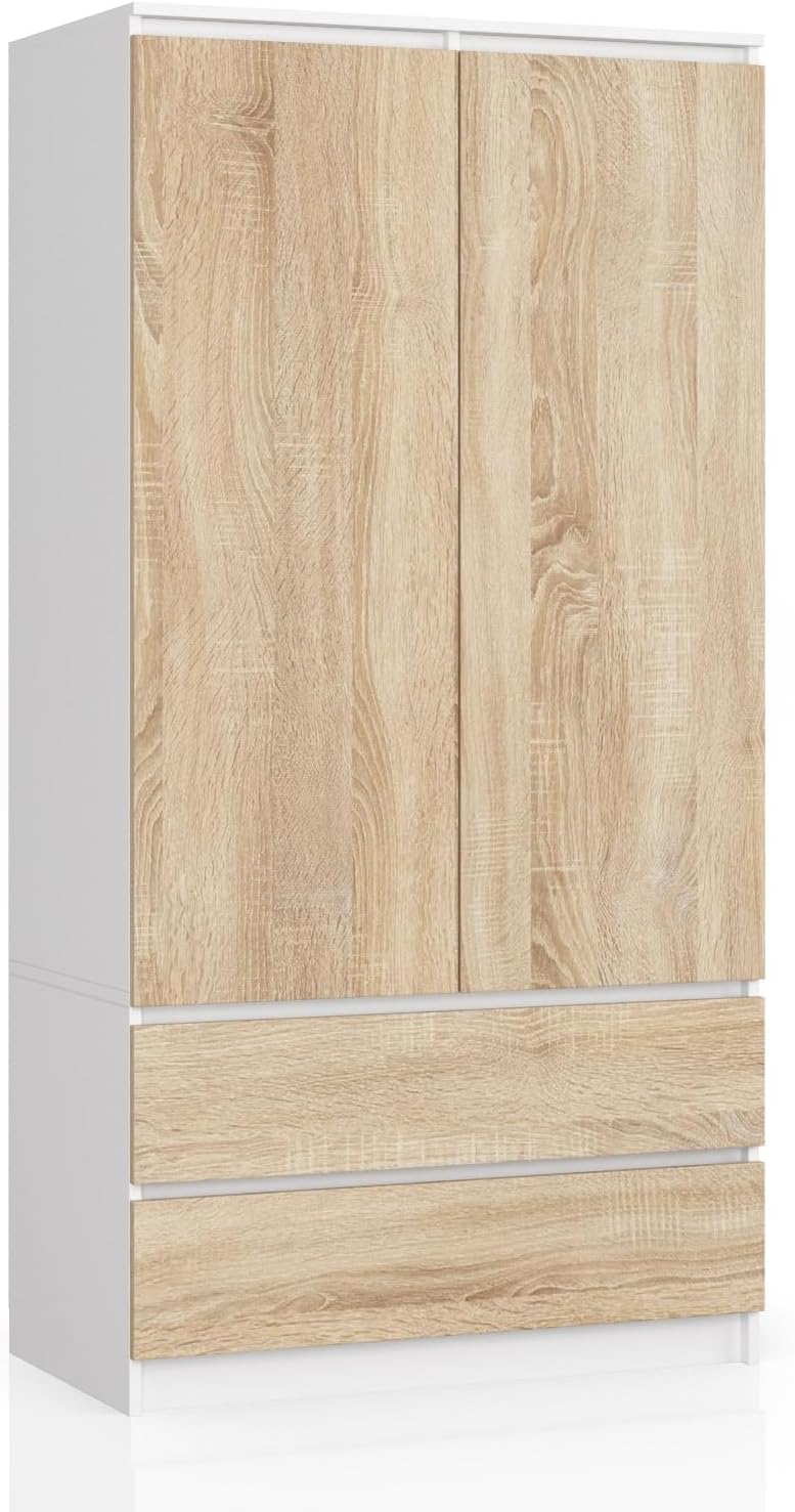 Kleiderschrank BDW, 180x90x51 cm, Weiss/Eiche, Kleiderschränk 2 Türen, 4 Einlegeböden, Kleiderständer, 2 Schubladen