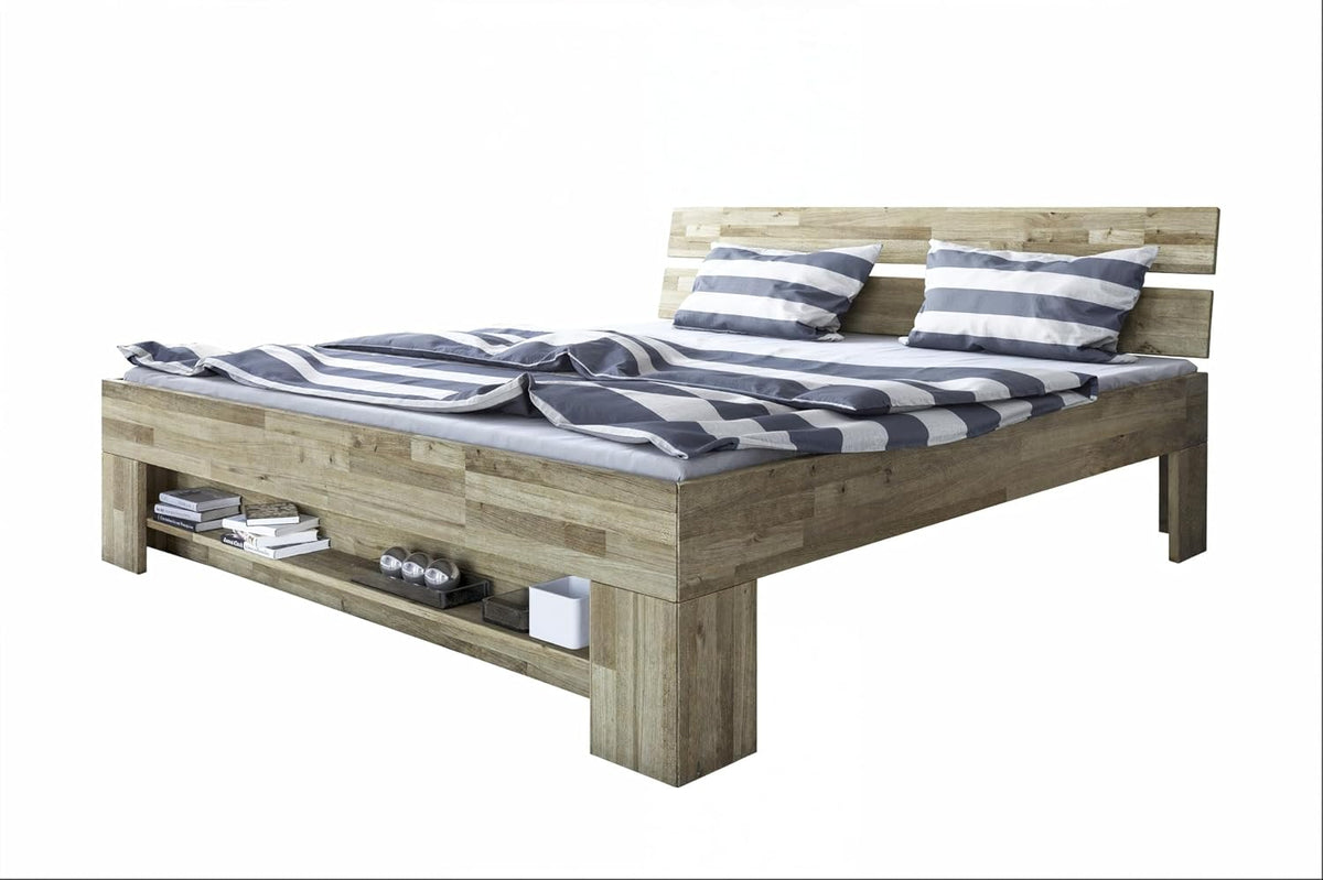möbelando Bett, 145x88x215 cm, 140x200 cm, Holz, Massivholzbett>Link< aus Wildeiche, Liegefläche, mit Fussteilregal