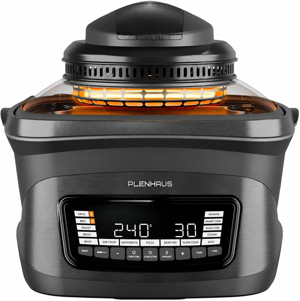 PLENHAUS Heissluftfritteuse, 8 L, Schwarz, Multikocher mit Heissluftfritteuse & Grill - 14 Programme, 2 Deckel (Glas & Grill)