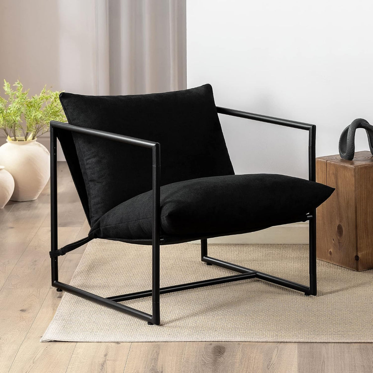 Zinus Relaxsessel, Schwarz, Aidan Sling Accent Stuhl / Sessel mit Metallrahmen, geschredderte Schaumstoffpolsterung