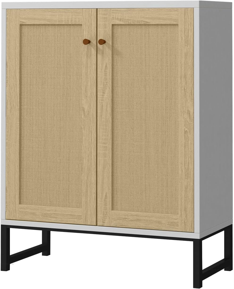 Panana Buffetschrank, Weiss/Natur/Schwarz, Rattan dekoriert 2 Türen Aufbewahrungsschrank Akzentschrank