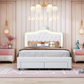 ADWOLT Bett, Samt, Rosa/Weiss, Kinderbett Polsterbett 140x200, Kronen-Prinzessinnenbett Stauraumbett mit Schubladen