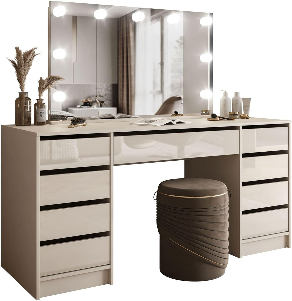 Schminktisch Lookway, Kaschmir, MADA Elite II mit LED-Spiegel, Eleganter oder Weiss Hochglanz, Wandmontage, Geräumige Schubladen ( / Hochglanz)