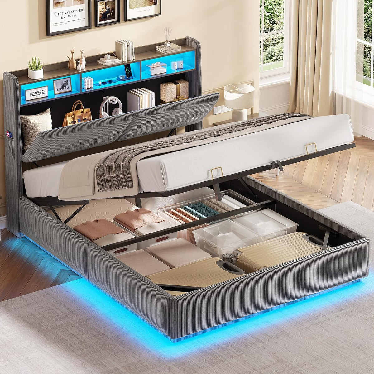 AOGLLATI Bett, 140x200 cm, Dunkelgrau/Blau, Hydraulisches Stauraumbett mit LED Beleuchtung und, Polsterbett mit Stauraum Kopfteil Jugendbett Betten