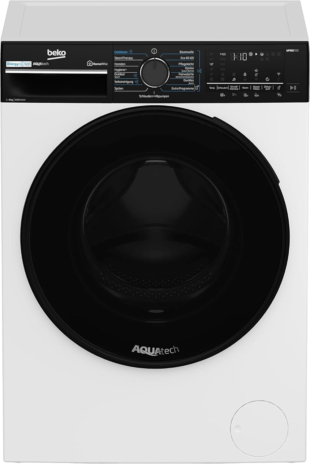 Beko Waschmaschine, 9 kg, Weiss, B7WFU69418 W freistehend, Waschvollautomat, AquaTech, EnergySpin, 1400 U/min, Hygiene+ allergikergeeignet