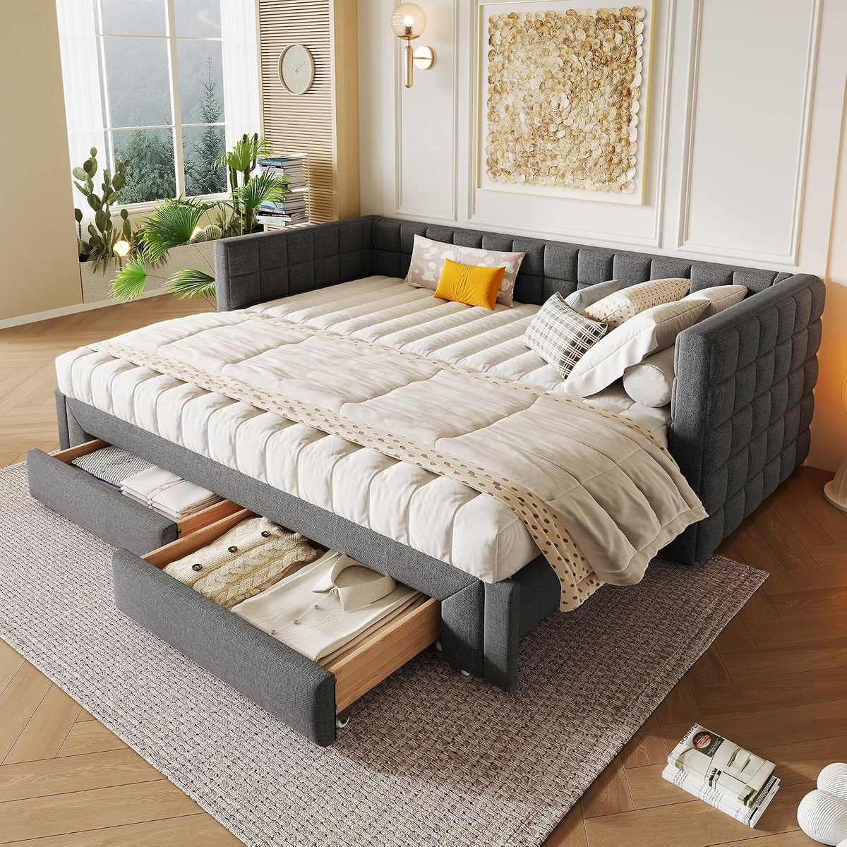 ZIDEY Matratze, 90 x 200 cm, Grau, Polsterbett Ausziehbar Schlafsofa 90x200 mit 2 Schubladen, Tagesbett ausziehbares Bett mit Lattenrost