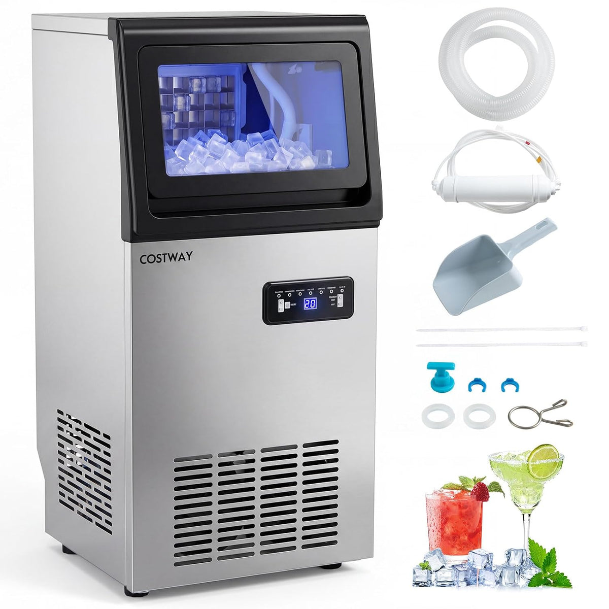 COSTWAY Eiswürfelmaschine, 50 kg, Schwarz, kommerzielle /24 h, gewerblicher Eismaschine