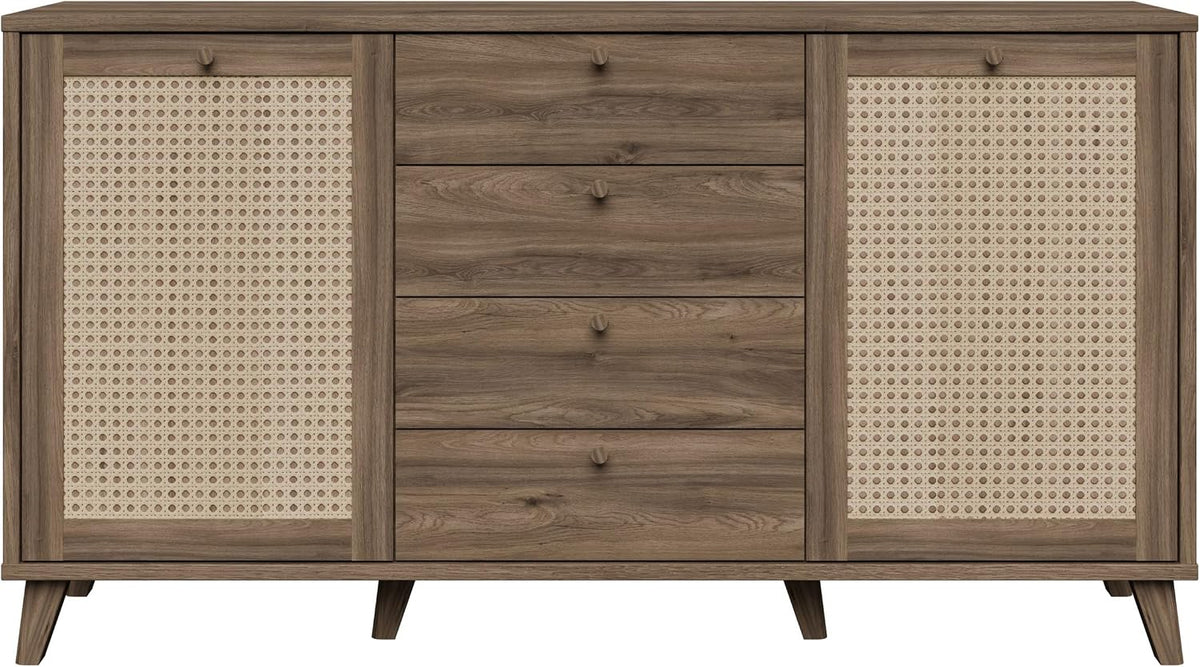 Forte Buffetschrank, 159,2 cm, 87,2 cm, 42 cm, Braun/Beige, GLENKEEN Sideboard 160, Sideboard im Boho-Stil mit Rattangeflecht