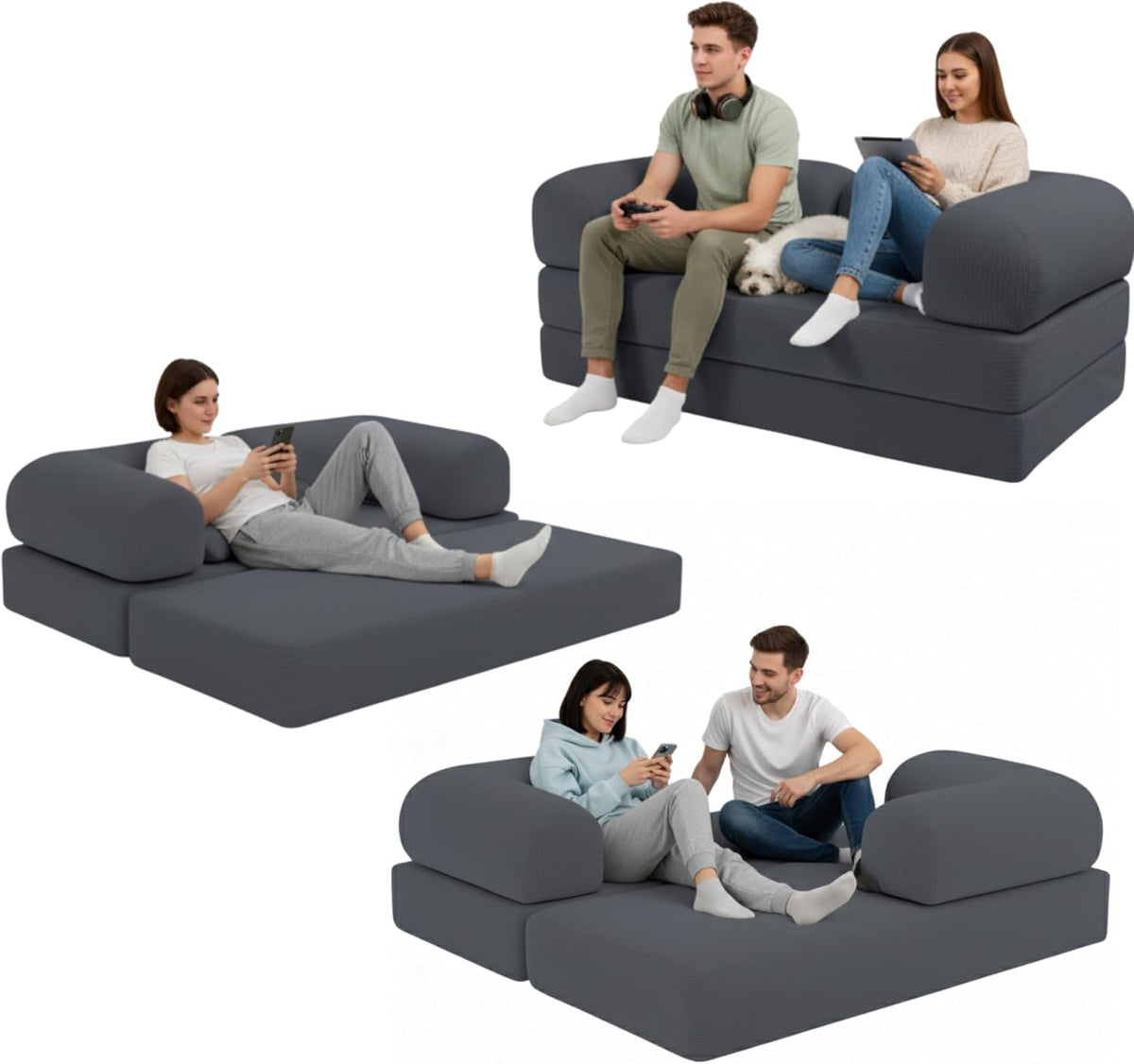Sofa bananair, Anthrazitgrau, 2 Sitzer, Modulares Schlafsofa aus hochdichtem Schaumstoff und, Boneless Couch, Komprimiert Geliefert
