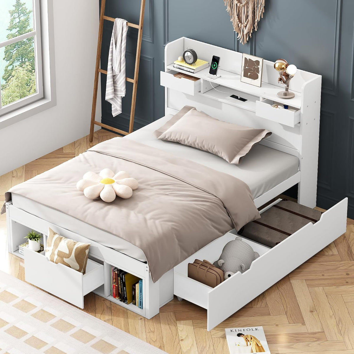 WIZBED Bett, 90x200 cm, Weiss, Holzbett Einzelbett mit Schubladen, USB & Stauraum Kopfteil, Massivholz Bettgestell mit Lattenrost