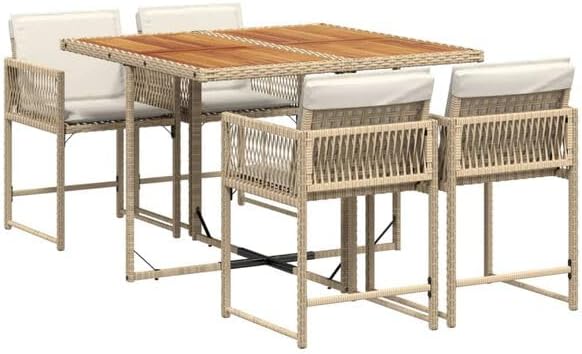 Hommdiy Essgruppe, PE-Rattan, pulverbeschichteter Stahl, massives Akazienholz, Beige/Creme/Braun