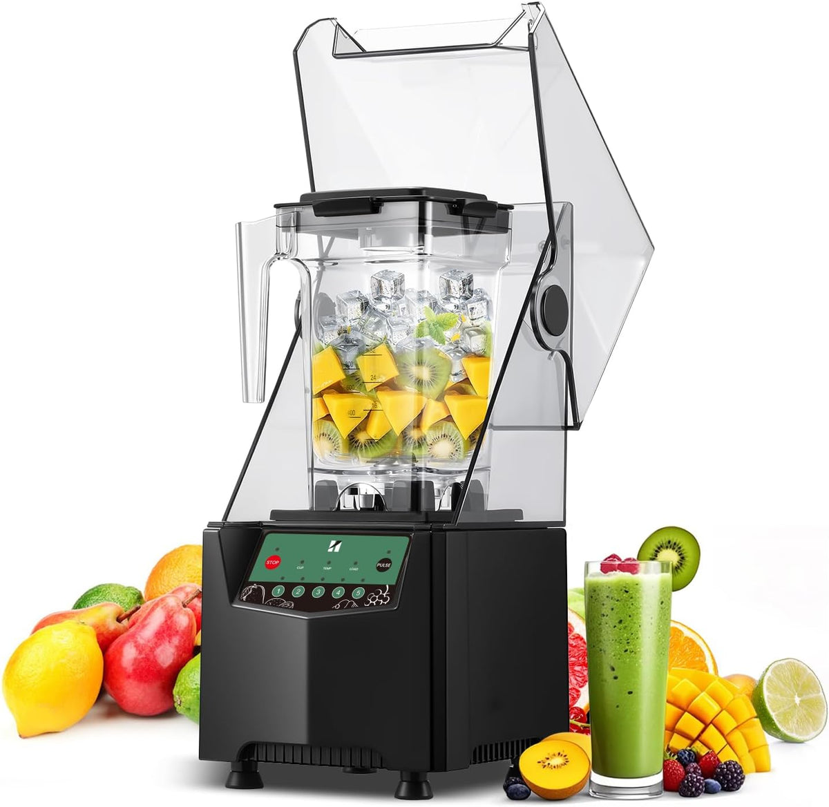 Huanyu Standmixer, 1000 W, 2 l, Schwarz, Gewerblicher Mixer mit Schallschutzhaube, Fassungsvermögen, leiser Eiszerkleinerer