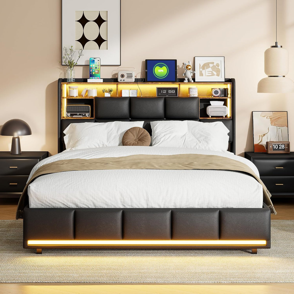 DULRLLY Bettrahmen, Schwarz, Bett mit Stauraum, Polsterbett 160x200, Doppelbett mit Stauraum Kopfteil, LED Beleuchtung und USB Ladefunktion