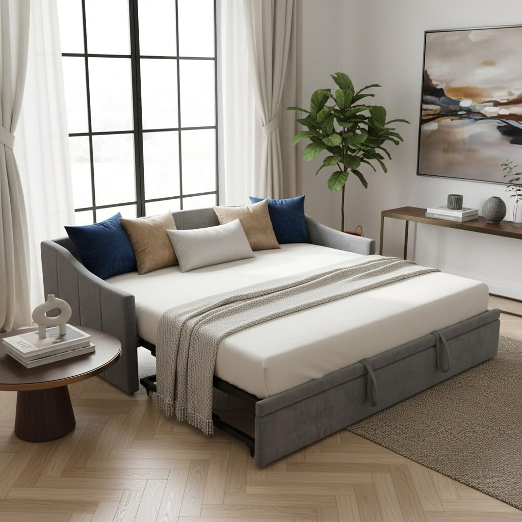 RXMORI Bettrahmen, 180x200 cm, 90x200 cm, Grau/Weiss/Blau/Beige, Ausziehbares Tagesbett mit Holzlattenrost, Polsterbett Ausziehbares Schlafsofa 90/