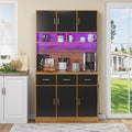 SogesHome Buffetschrank, 100x40x180 cm, Schwarz/Teak, Hochschrank Küchenschrank Vitrinen Schrank mit LED