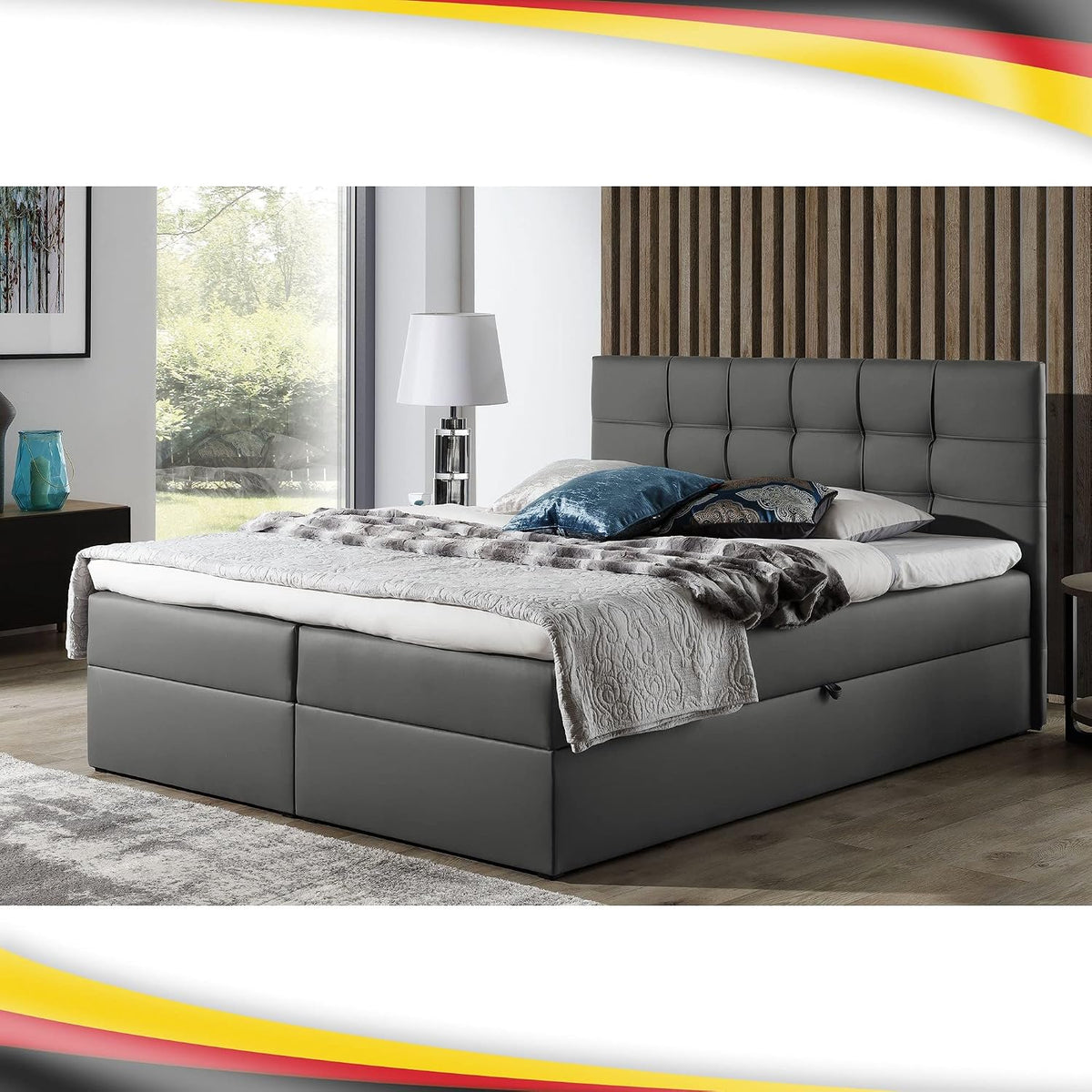 FURNISTAR Boxspringbett, Grau, Doppelbett Leo - Bett mit Bonellmatratze, mit Bettkasten für Bettwäsche und Topper