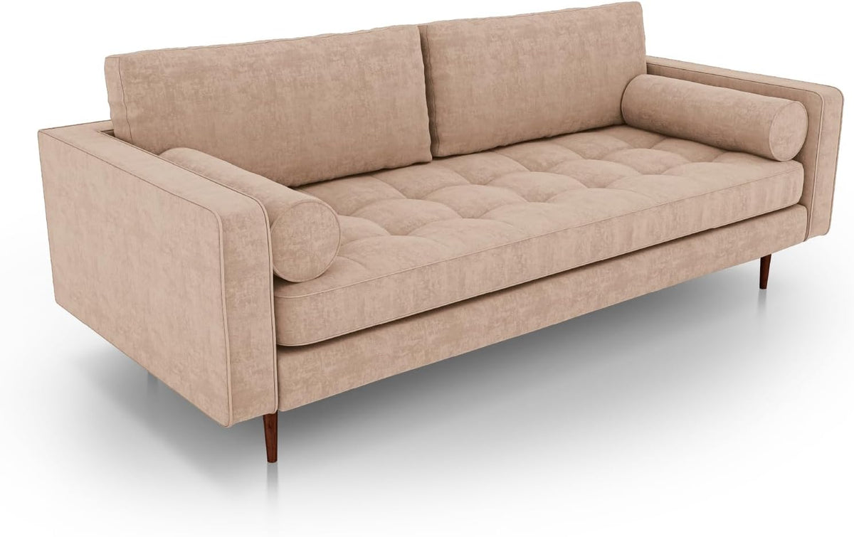 Sofa SOFTO, 225x84x100 cm, Beige, 3-Sitzer SENTO - modernes Wohnzimmer mit tiefem Sitz, dekorativen Kissen, Holzbeinen - Samt