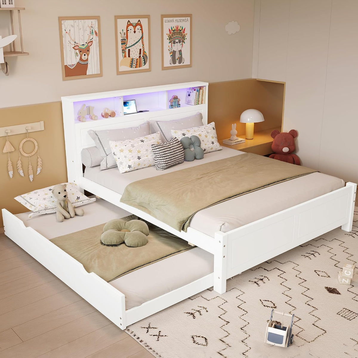FQMOZY Matratze, 90x190 cm, Weiss/Beige, Holzbett Doppelbett 120x200&, Funktionsbett mit ausziehbarem Bett, Ohne