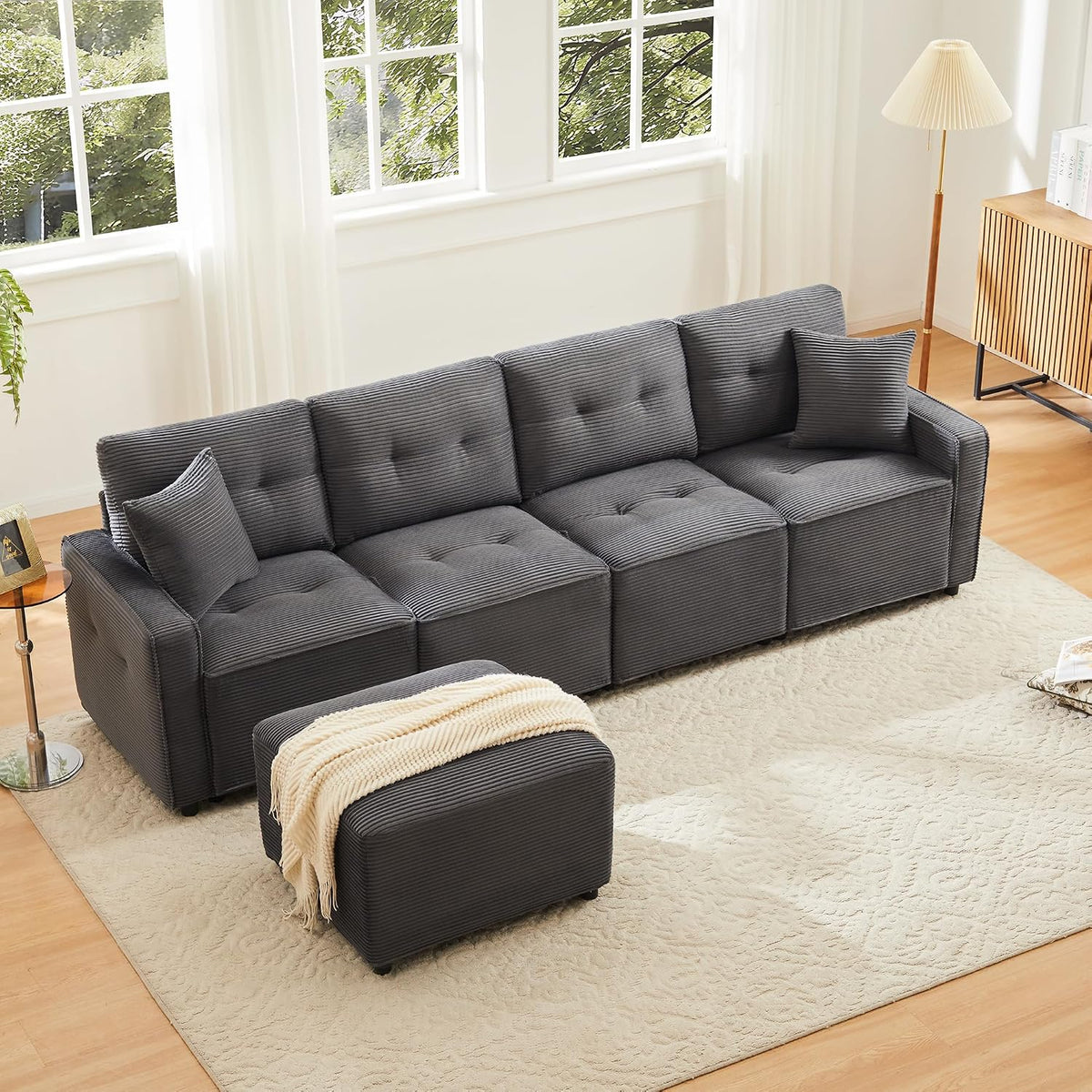 Sofa Merax, Grau, Corduroy 4-Sitzer Modulares mit Stauraum, Freiplatzierbarer Hocker, B280 x T146 x H85 cm, Komfortables Sitzgefühl