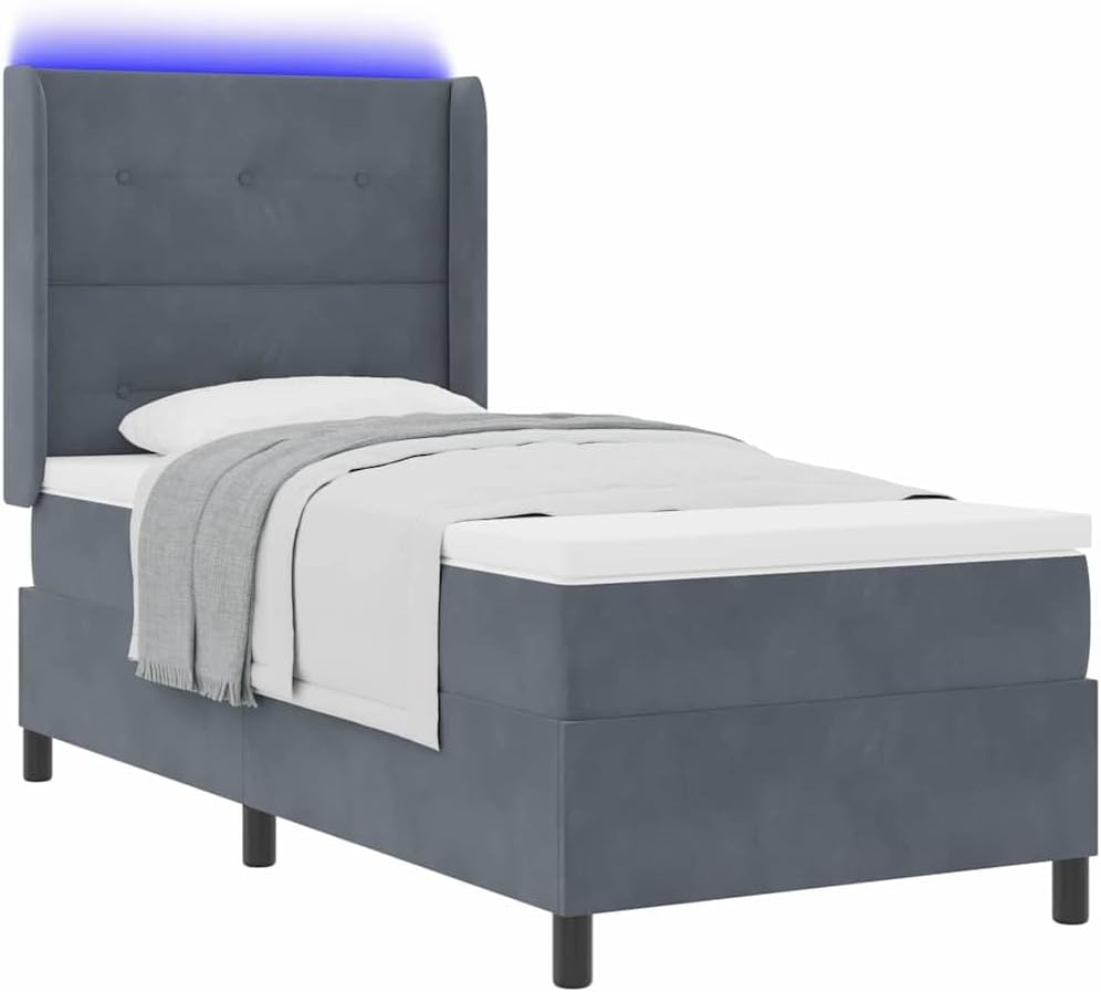 vidaXL Boxspringbett, 90 x 200 cm, Samt, Dunkelgrau, mit Matratze mit LED Samt, Elegantes Bett für Dein Schlafzimmer