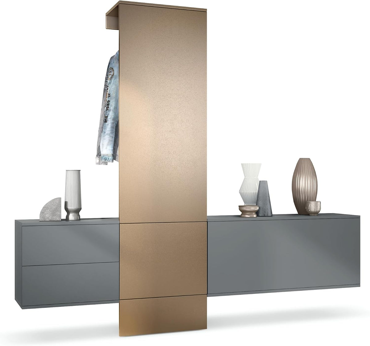 Vladon Sideboard, 209 x 193 x 35 cm, Anthrazit/Bronze, Garderobe Carlton Set 1, Made in Germany, Flur-Garderobe aus Deko-paneel