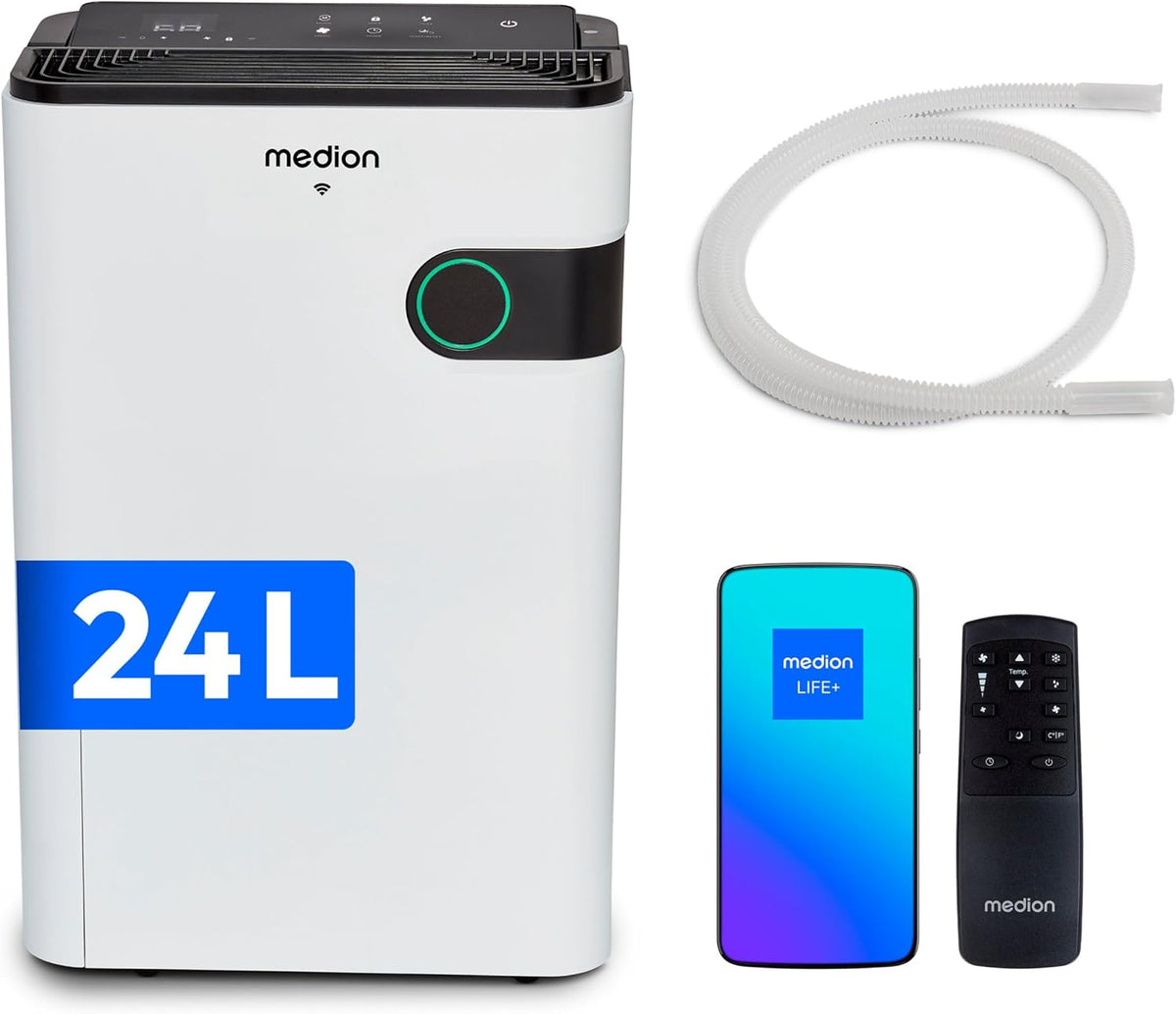 MEDION Luftentfeuchter, 24Liter, 150m, 43db, 40m, Weiss, DH30S elektrisch (smart, bis zu ³ ( ²), /24h, leise, elektrischer Raumentfeuchter