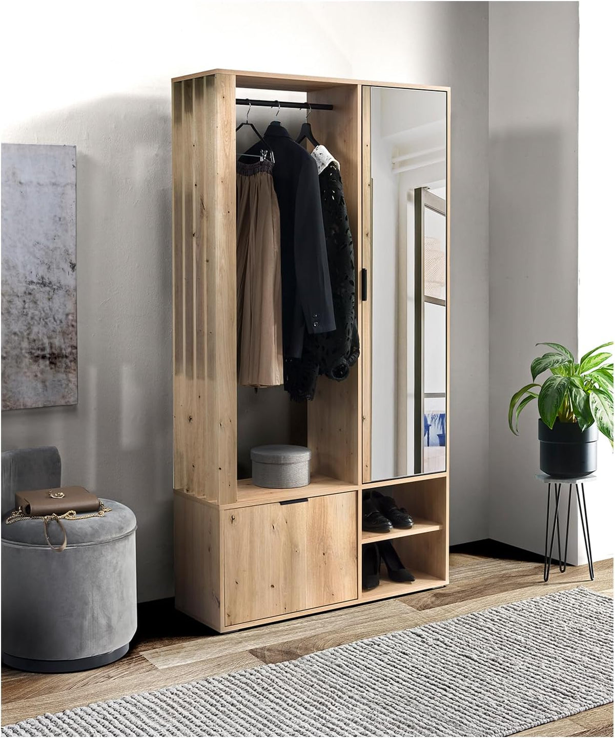 MEBLINI Schuhschrank, 100x33x190 cm, Eiche, Garderobenschrank Flur mit Spiegel - Garderobe Schrank