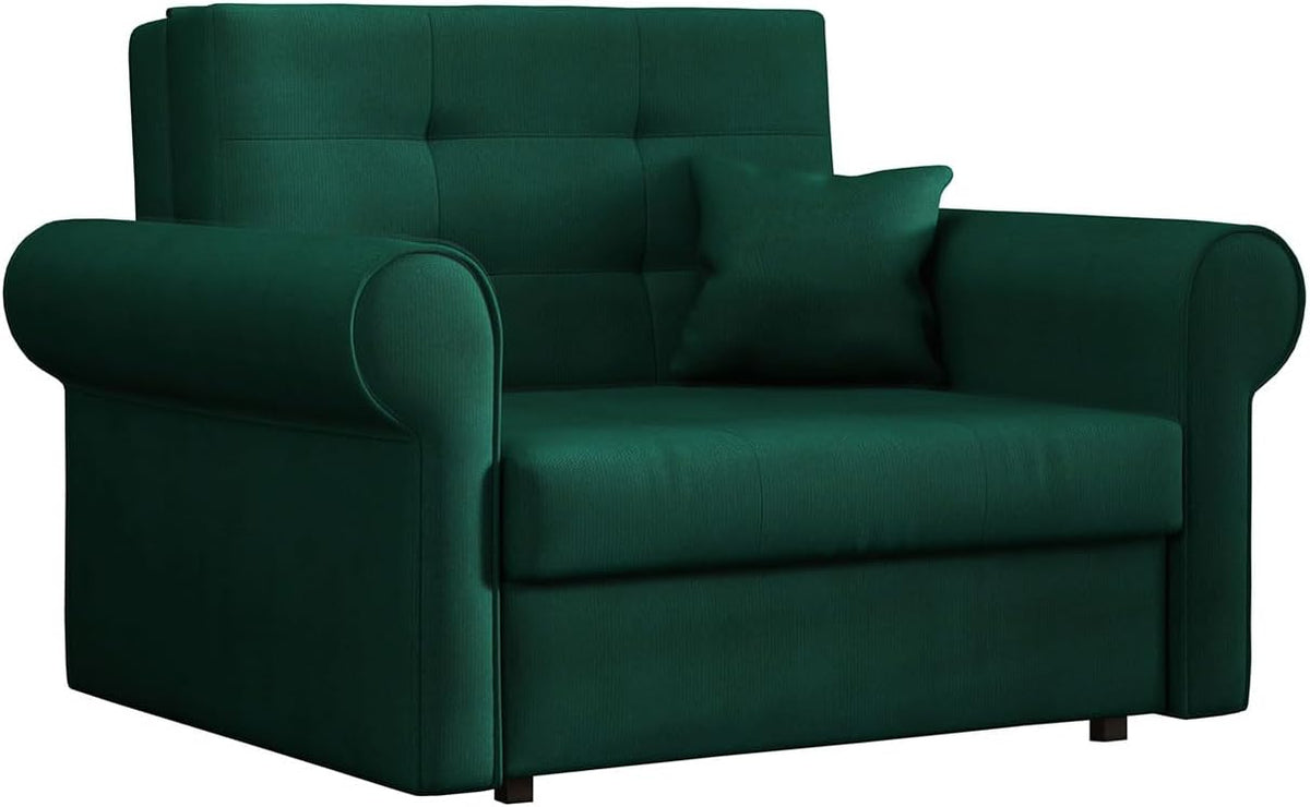 Sofa Mirjan24, Dunkelgrün, Schlafsofa Viva Silver I mit Bettkasten, mit abgerundete Armlehnen, einsitzer Polstersofa mit Schlaffunktion inkl. Kissen
