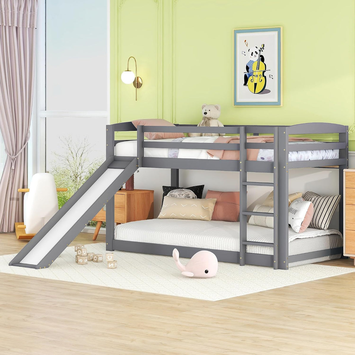 LinoraFurn Bett, 90X200 cm, Kiefernholz + MDF, Grau, Etagenbett für Kinder und Jugendliche, Kinderbett mit Rutsche