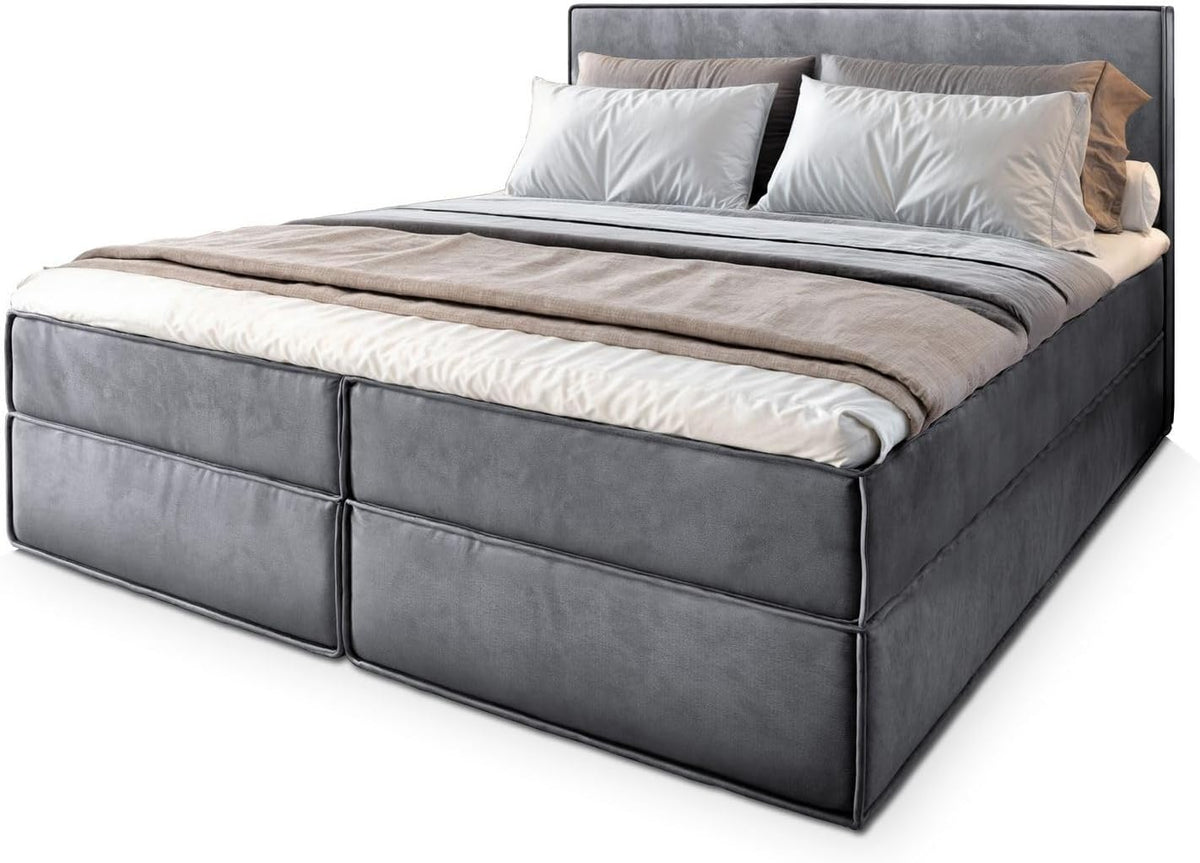 Masseno Boxspringbett, 140x200 cm, Grau, PELLIO Komplett-Set mit Matratze und Topper, Polsterbett mit Zwei Bettkästen