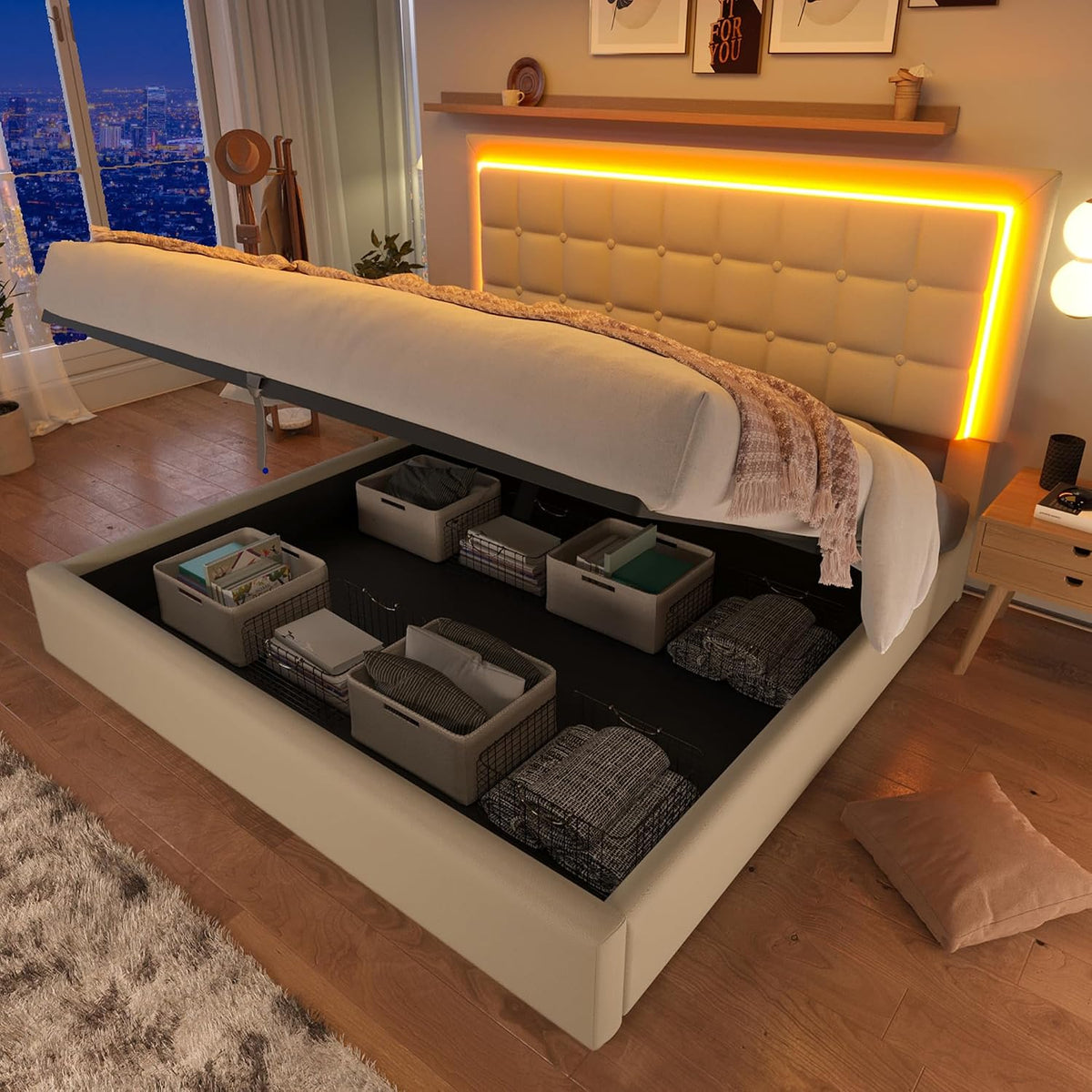 Merax Bett, 180x200 cm, Weiss/Beige, Polsterbett mit LED-Beleuchtung, Hydraulisches Funktionsbett mit Stauraum, Stauraumbett
