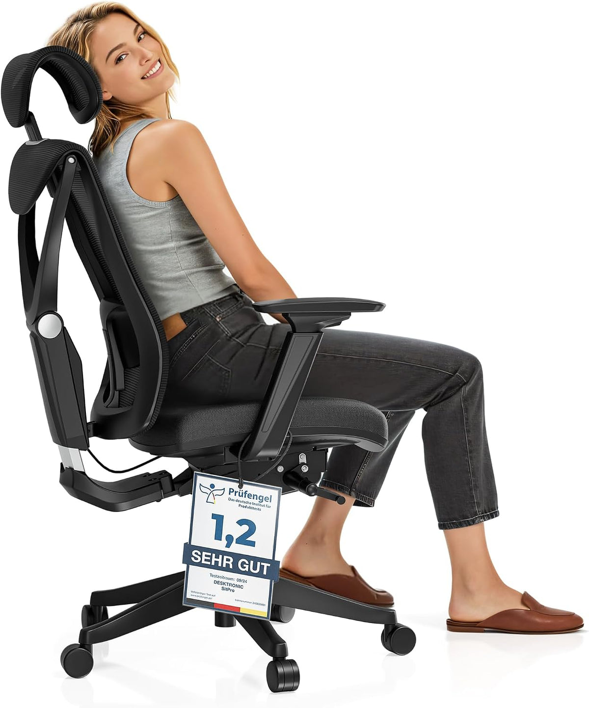 Desktronic Schreibtisch, Schwarz, Verstellbarer ergonomischer Bürostuhl, Schreibtischstuhl mit Lendenwirbelstütze