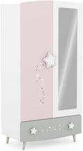 Kleiderschrank möbelando, 89x185x50 cm, Rosa/Weiss/Grau, Prinzessin Kinder mit Himmelssternen und Ganzkörperspiegel